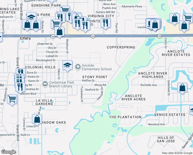 map of restaurants, bars, coffee shops, grocery stores, and more near 6313 Halifax Drive in New Port Richey