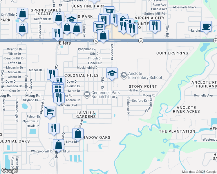 map of restaurants, bars, coffee shops, grocery stores, and more near 3526 Cockatoo Drive in New Port Richey