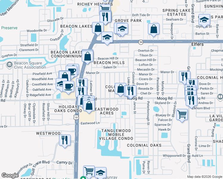 map of restaurants, bars, coffee shops, grocery stores, and more near 3522 Berkshire Street in New Port Richey