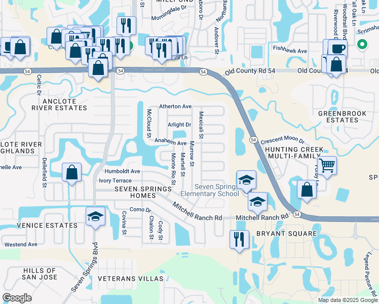map of restaurants, bars, coffee shops, grocery stores, and more near 3545 Murrow Street in New Port Richey