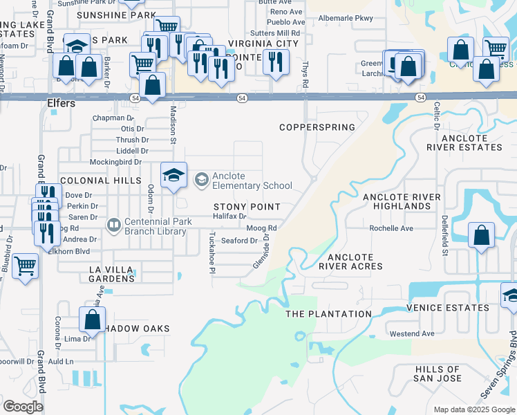 map of restaurants, bars, coffee shops, grocery stores, and more near 6313 Halifax Drive in New Port Richey