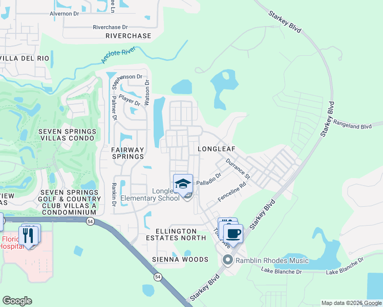 map of restaurants, bars, coffee shops, grocery stores, and more near 10134 Hemingway Street in New Port Richey