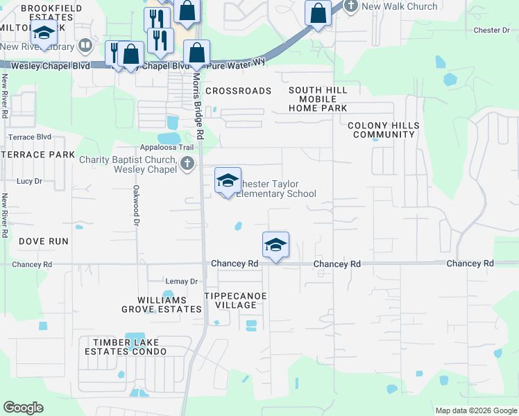 map of restaurants, bars, coffee shops, grocery stores, and more near 3712 Schafer Lane in Zephyrhills