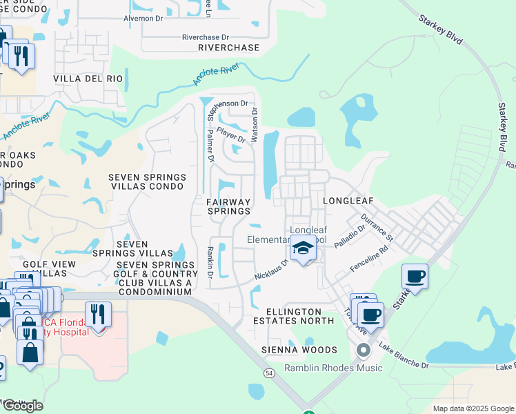 map of restaurants, bars, coffee shops, grocery stores, and more near 3552 Player Drive in New Port Richey