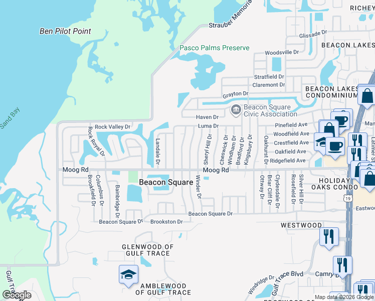 map of restaurants, bars, coffee shops, grocery stores, and more near 3535 Devonshire Drive in Holiday