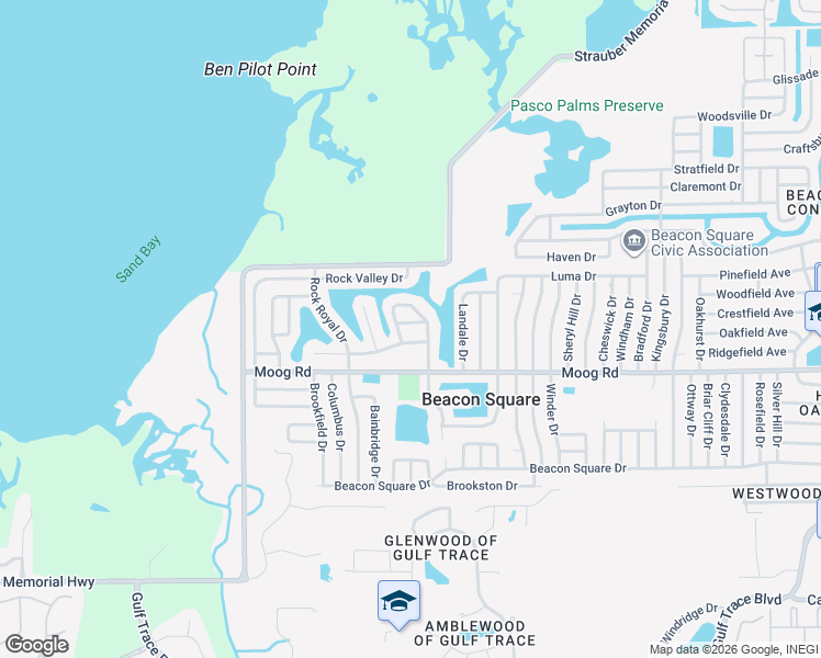 map of restaurants, bars, coffee shops, grocery stores, and more near 3406 Honeymoon Lane in Holiday