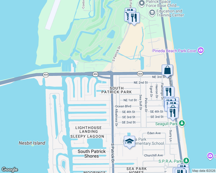 map of restaurants, bars, coffee shops, grocery stores, and more near 425 Dove Lane in Satellite Beach