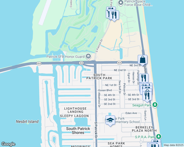 map of restaurants, bars, coffee shops, grocery stores, and more near 422 Ibis Lane in Satellite Beach