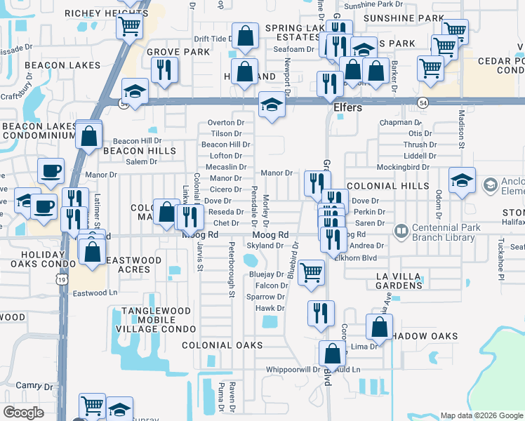 map of restaurants, bars, coffee shops, grocery stores, and more near 3524 Pensdale Drive in New Port Richey