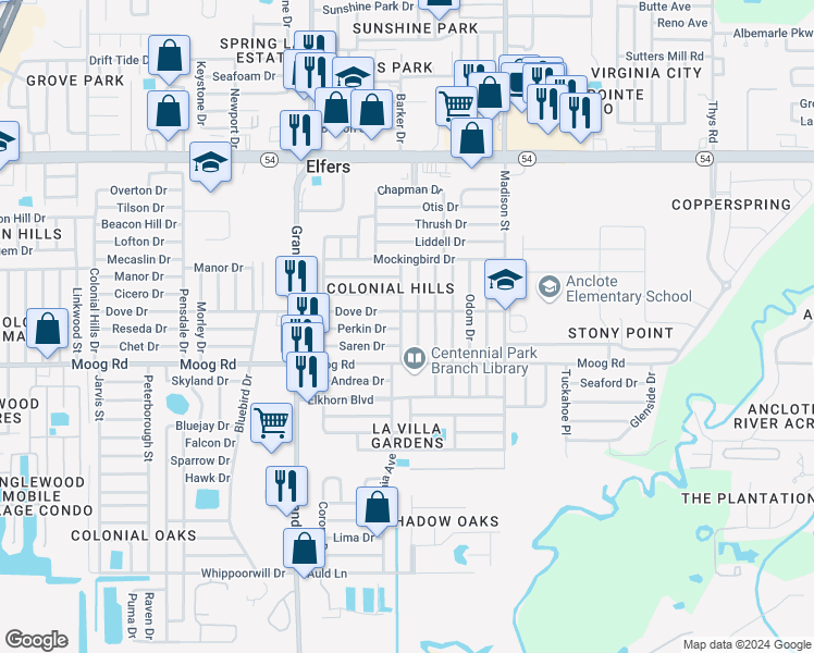 map of restaurants, bars, coffee shops, grocery stores, and more near 3548 Yellowbird Drive in New Port Richey