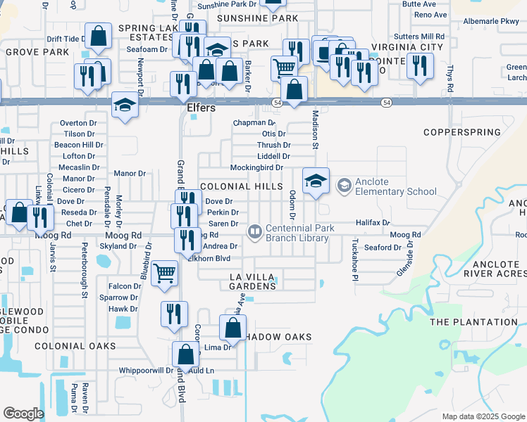 map of restaurants, bars, coffee shops, grocery stores, and more near 3548 Blackhawk Drive in New Port Richey