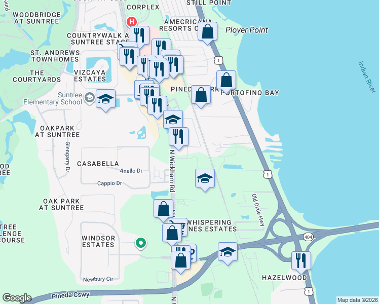 map of restaurants, bars, coffee shops, grocery stores, and more near 2600 Promenade Drive in Melbourne