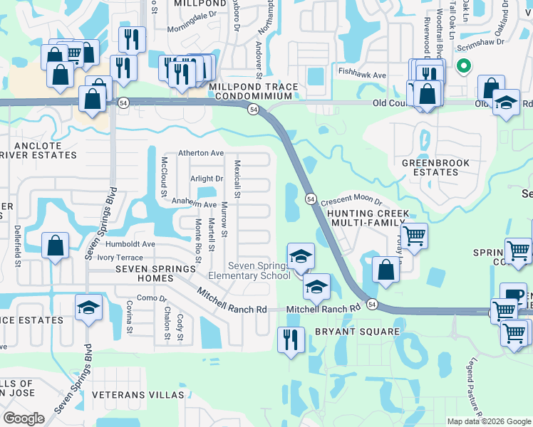 map of restaurants, bars, coffee shops, grocery stores, and more near 7946 Knox Loop in New Port Richey