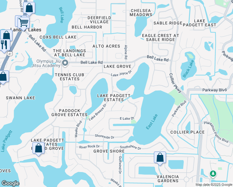 map of restaurants, bars, coffee shops, grocery stores, and more near 3757 East Lake Drive in Land O' Lakes