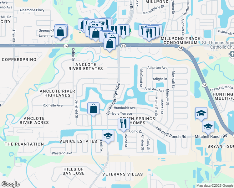map of restaurants, bars, coffee shops, grocery stores, and more near 3550 Seven Springs Boulevard in New Port Richey