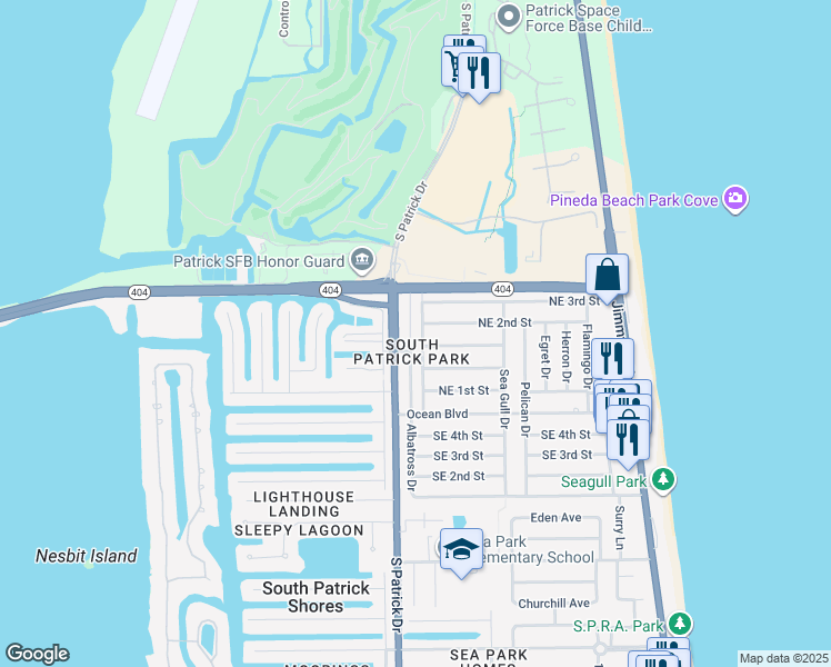 map of restaurants, bars, coffee shops, grocery stores, and more near 220 Melaleuca Drive in Satellite Beach