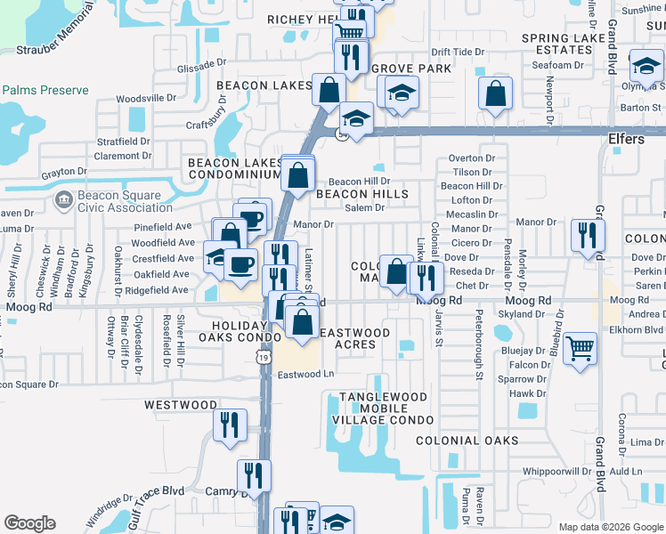 map of restaurants, bars, coffee shops, grocery stores, and more near 3529 Cantrell Street in New Port Richey