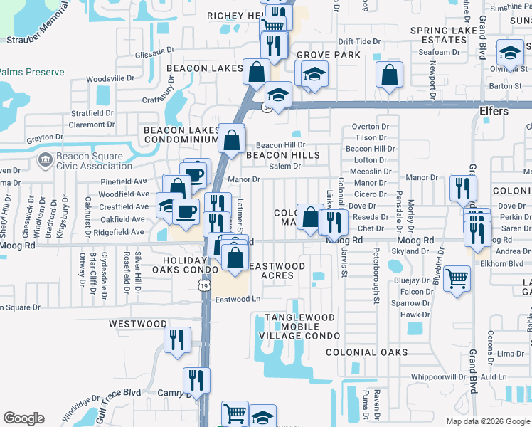 map of restaurants, bars, coffee shops, grocery stores, and more near 3534 Bedford Street in Port Richey