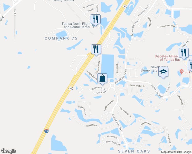 map of restaurants, bars, coffee shops, grocery stores, and more near 26931 Juniper Bay Drive in Wesley Chapel