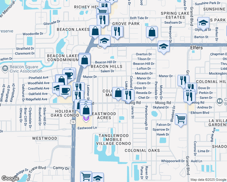 map of restaurants, bars, coffee shops, grocery stores, and more near 3624 Berkshire Street in New Port Richey