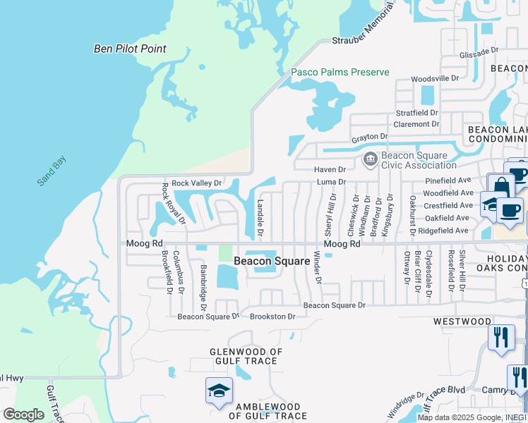 map of restaurants, bars, coffee shops, grocery stores, and more near 3608 Landale Drive in Holiday