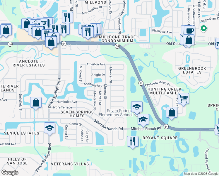 map of restaurants, bars, coffee shops, grocery stores, and more near 3603 Mexicali Street in New Port Richey