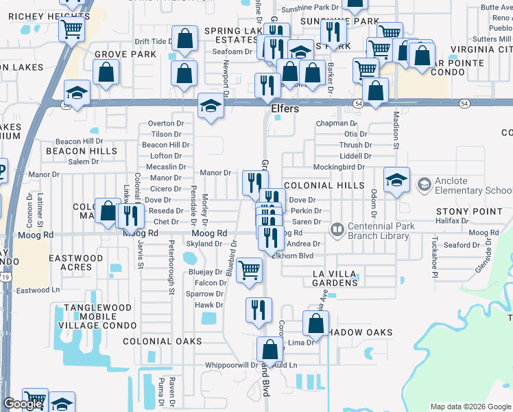 map of restaurants, bars, coffee shops, grocery stores, and more near 3601 Grand Boulevard in New Port Richey
