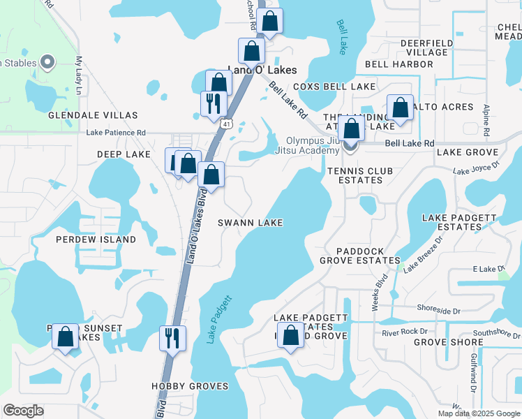 map of restaurants, bars, coffee shops, grocery stores, and more near 3740 Swans Landing Drive in Land O' Lakes
