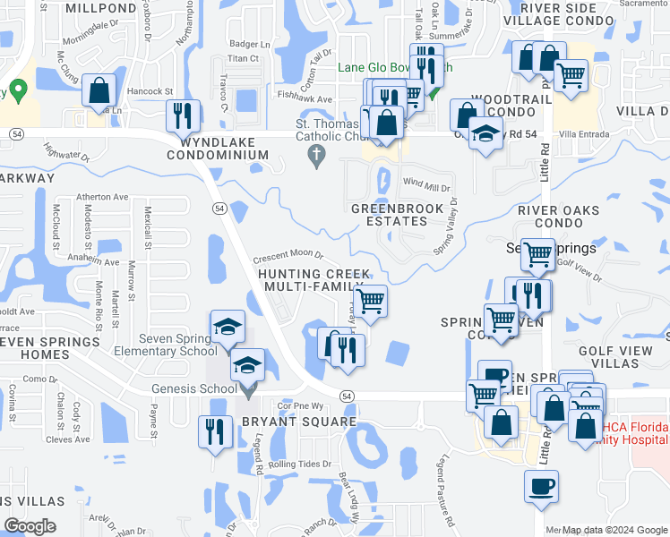 map of restaurants, bars, coffee shops, grocery stores, and more near 8350 Crescent Moon Drive in New Port Richey