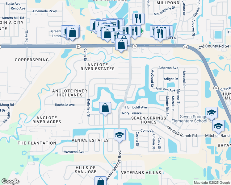 map of restaurants, bars, coffee shops, grocery stores, and more near 7221 Exemplar Drive in New Port Richey