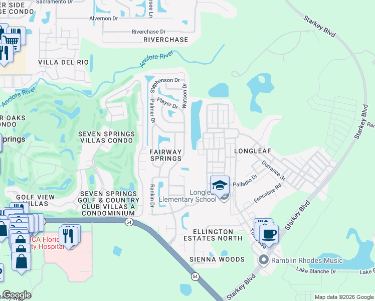 map of restaurants, bars, coffee shops, grocery stores, and more near 3618 Player Drive in New Port Richey
