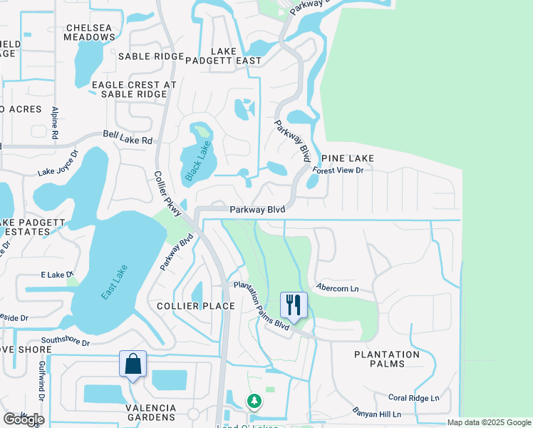 map of restaurants, bars, coffee shops, grocery stores, and more near 3760 Parkway Boulevard in Land O' Lakes