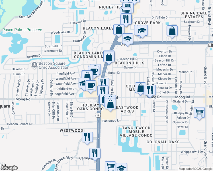 map of restaurants, bars, coffee shops, grocery stores, and more near 3631 Connon Drive in Port Richey