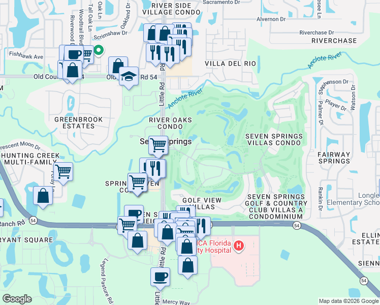 map of restaurants, bars, coffee shops, grocery stores, and more near 3633 Downfield Place in New Port Richey