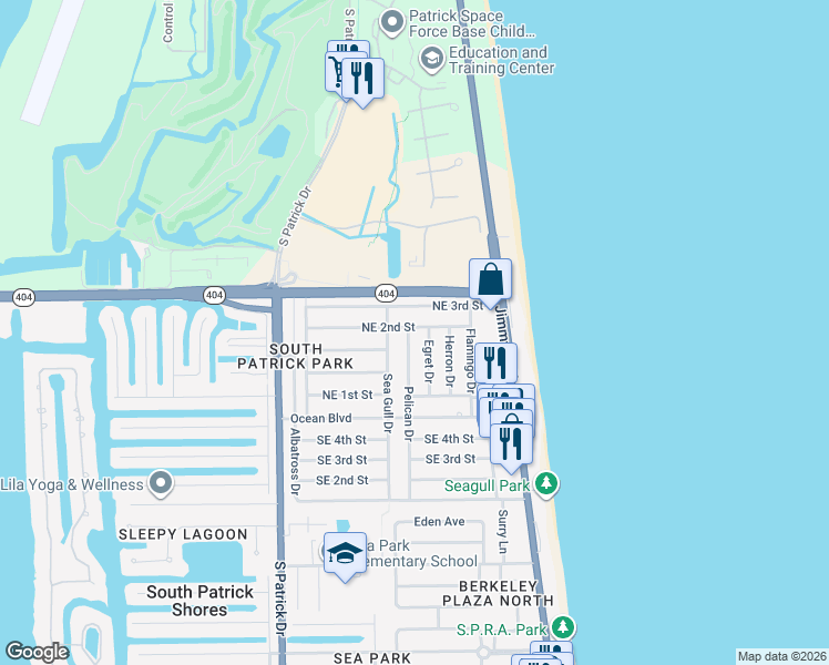 map of restaurants, bars, coffee shops, grocery stores, and more near 140 Northeast 3rd Street in Satellite Beach