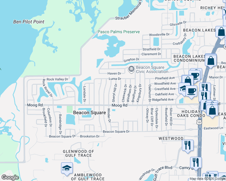 map of restaurants, bars, coffee shops, grocery stores, and more near 3636 Winder Drive in Holiday