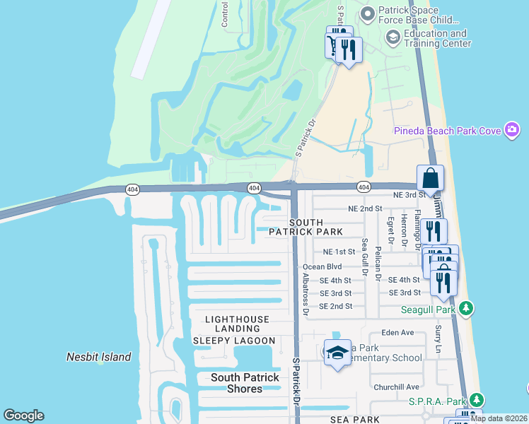 map of restaurants, bars, coffee shops, grocery stores, and more near 431 Dove Lane in Satellite Beach