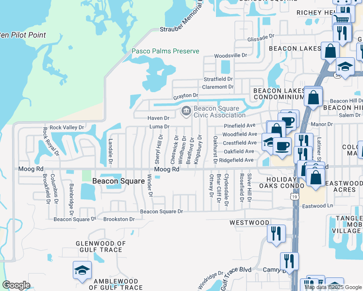 map of restaurants, bars, coffee shops, grocery stores, and more near 3611 Windham Drive in Holiday