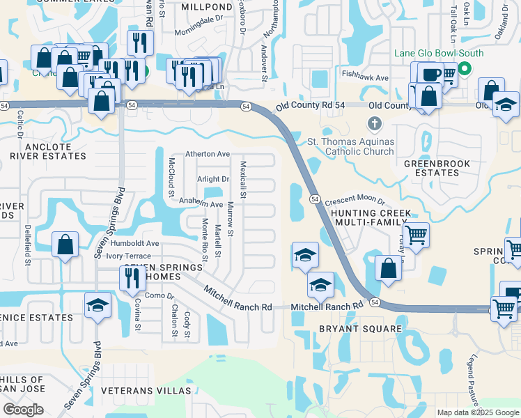map of restaurants, bars, coffee shops, grocery stores, and more near 7971 Adelaide Loop in New Port Richey