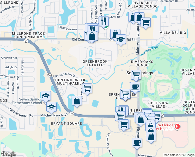 map of restaurants, bars, coffee shops, grocery stores, and more near 3609 Montclair Drive in New Port Richey