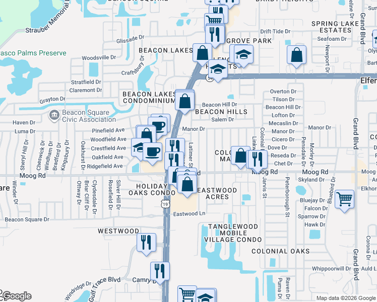 map of restaurants, bars, coffee shops, grocery stores, and more near 3607 Latimer Street in New Port Richey