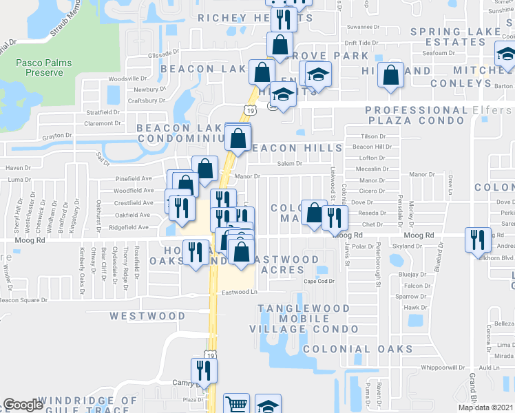 map of restaurants, bars, coffee shops, grocery stores, and more near 3607 Cantrell Street in New Port Richey