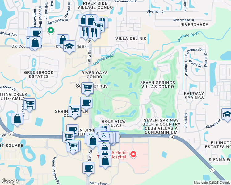 map of restaurants, bars, coffee shops, grocery stores, and more near 9200 Turnberry Court in New Port Richey