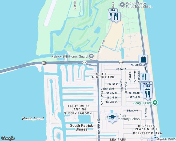 map of restaurants, bars, coffee shops, grocery stores, and more near 426 Meadowlark Lane in Satellite Beach