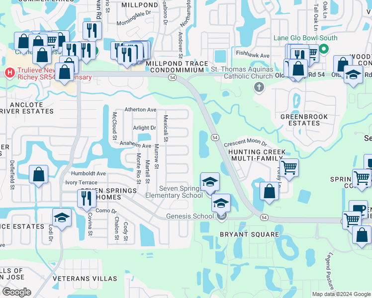 map of restaurants, bars, coffee shops, grocery stores, and more near 7955 Adelaide Loop in New Port Richey