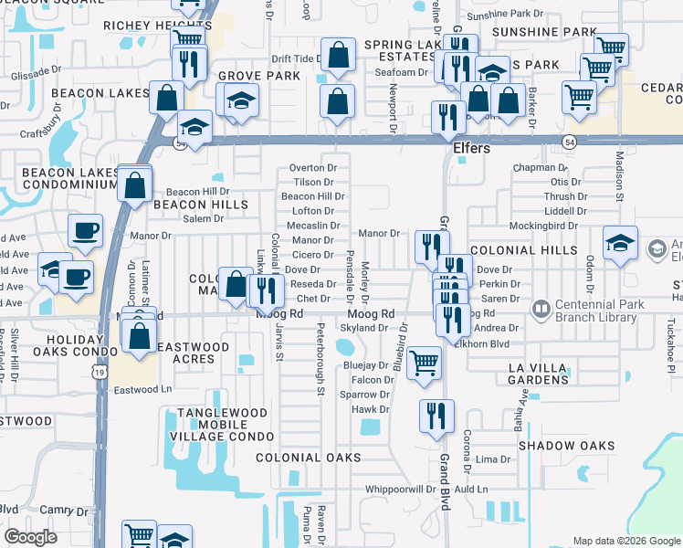 map of restaurants, bars, coffee shops, grocery stores, and more near 3624 Pensdale Drive in New Port Richey