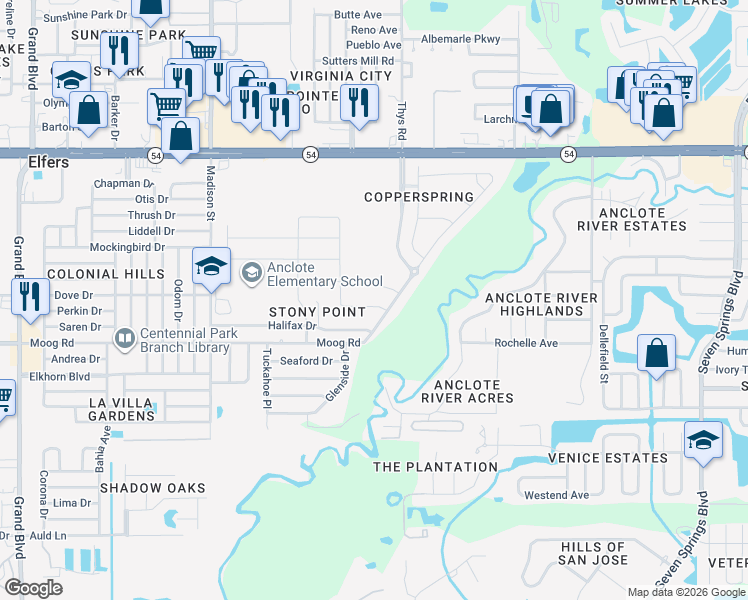 map of restaurants, bars, coffee shops, grocery stores, and more near 4239 Hanover Drive in New Port Richey