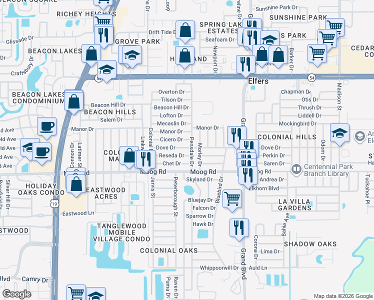 map of restaurants, bars, coffee shops, grocery stores, and more near 3624 Pensdale Drive in New Port Richey