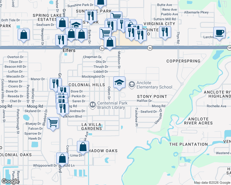 map of restaurants, bars, coffee shops, grocery stores, and more near 3626 Cockatoo Drive in Port Richey