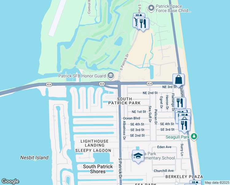 map of restaurants, bars, coffee shops, grocery stores, and more near 150 Meadowlark Lane in Satellite Beach